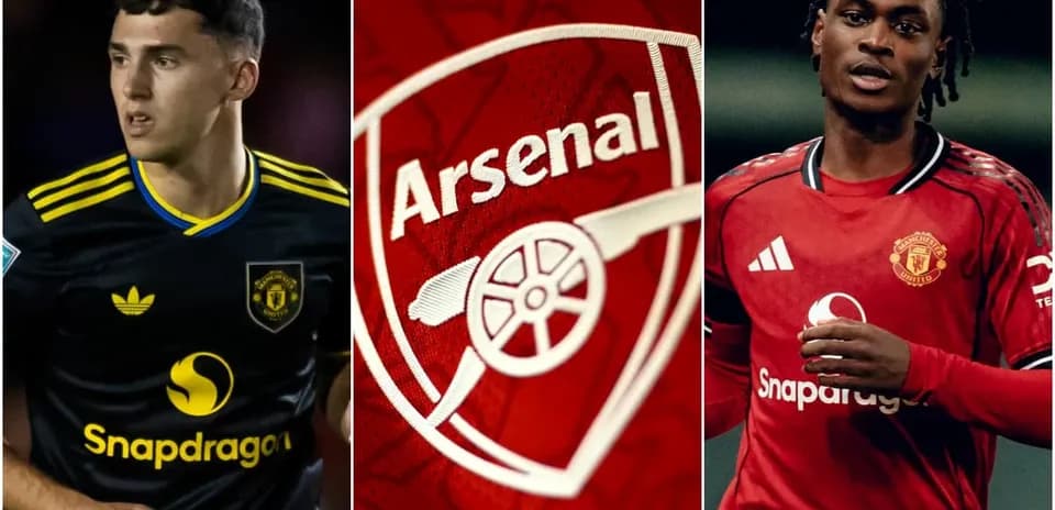 Players from Manchester United and Arsenal with logos