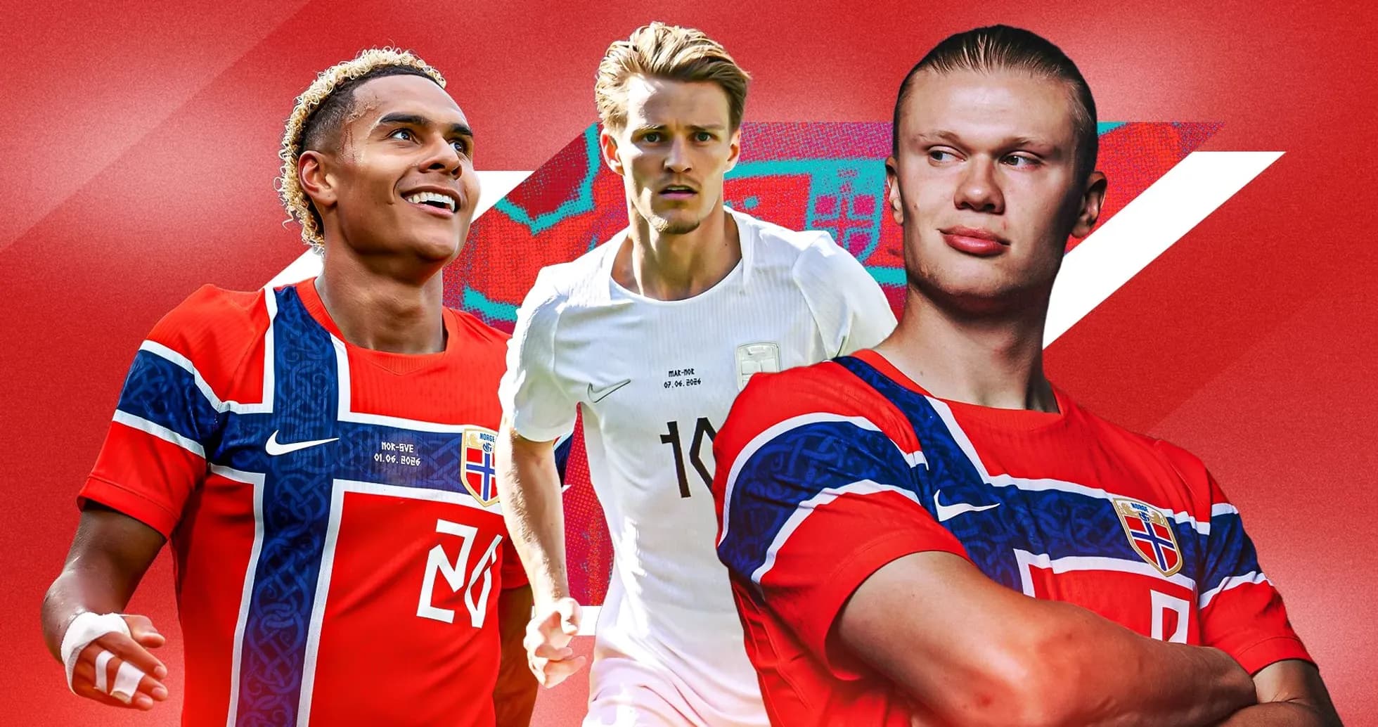 Three Norwegian football players posing in team jerseys