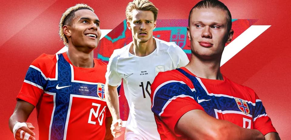 Three Norwegian football players posing in team jerseys
