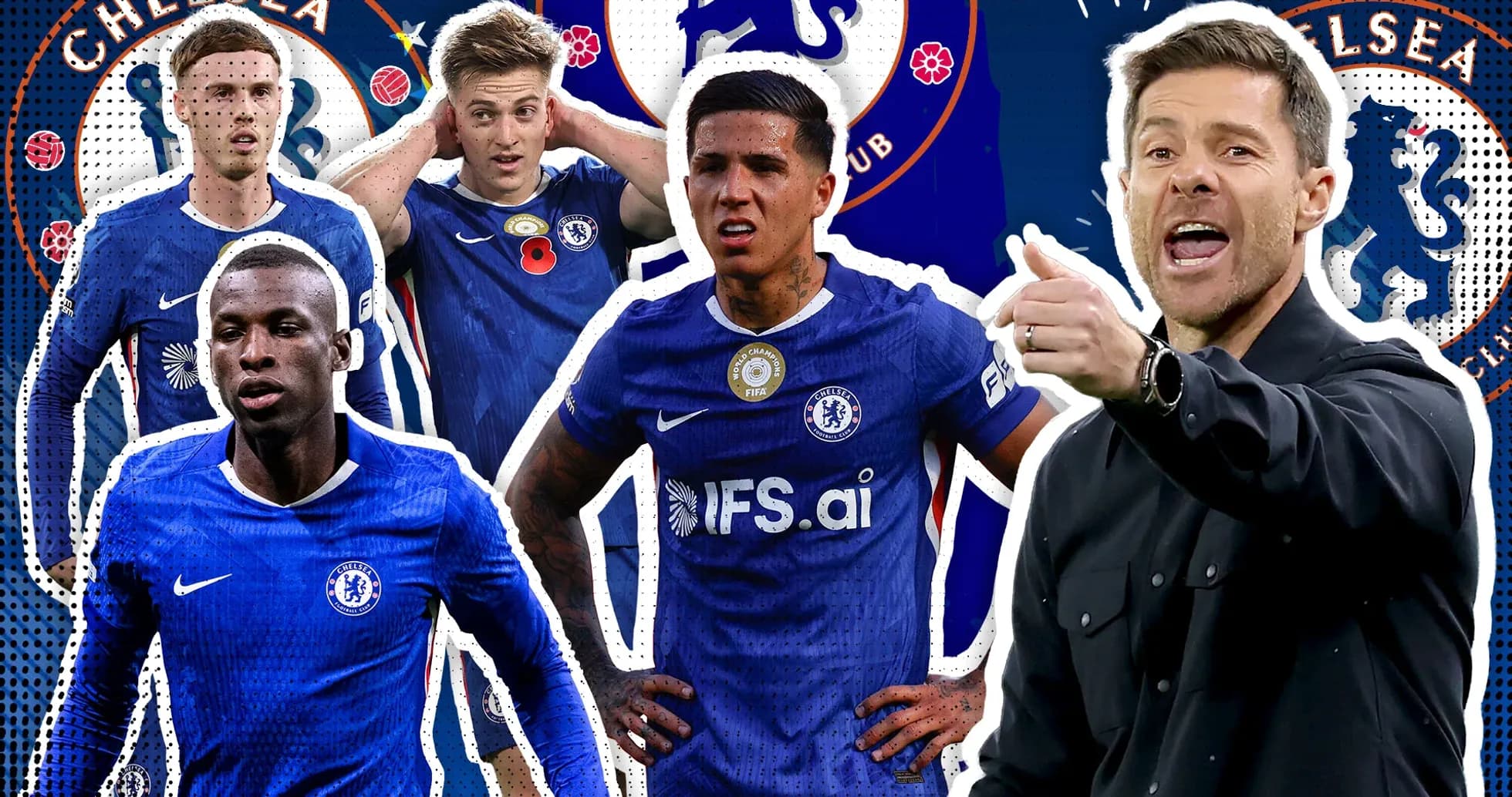 Chelsea players and coach in graphic design layout