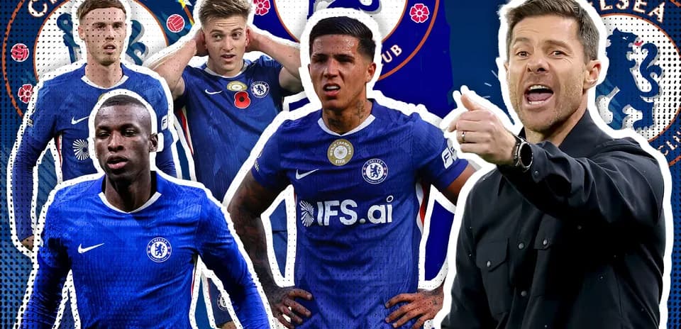 Chelsea players and coach in graphic design layout