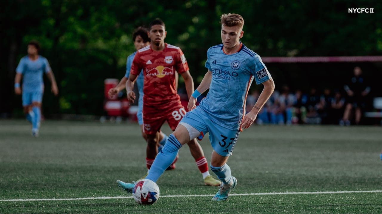 Player from NYC FC II preparing to kick ball