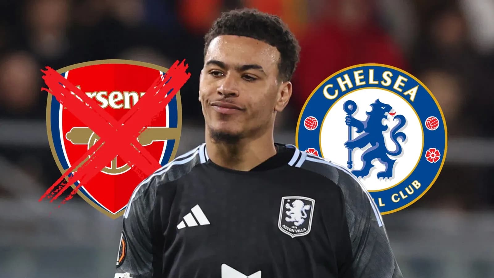 Goalkeeper in black kit with Arsenal and Chelsea logos