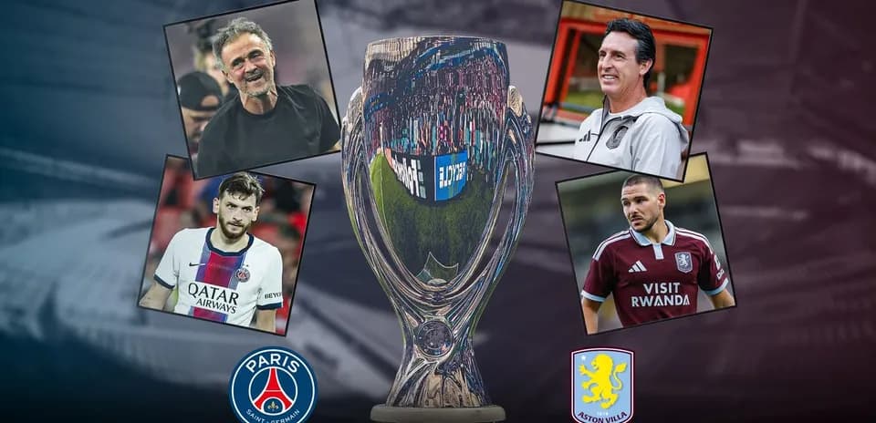 Coaches and players around a trophy for Super Cup