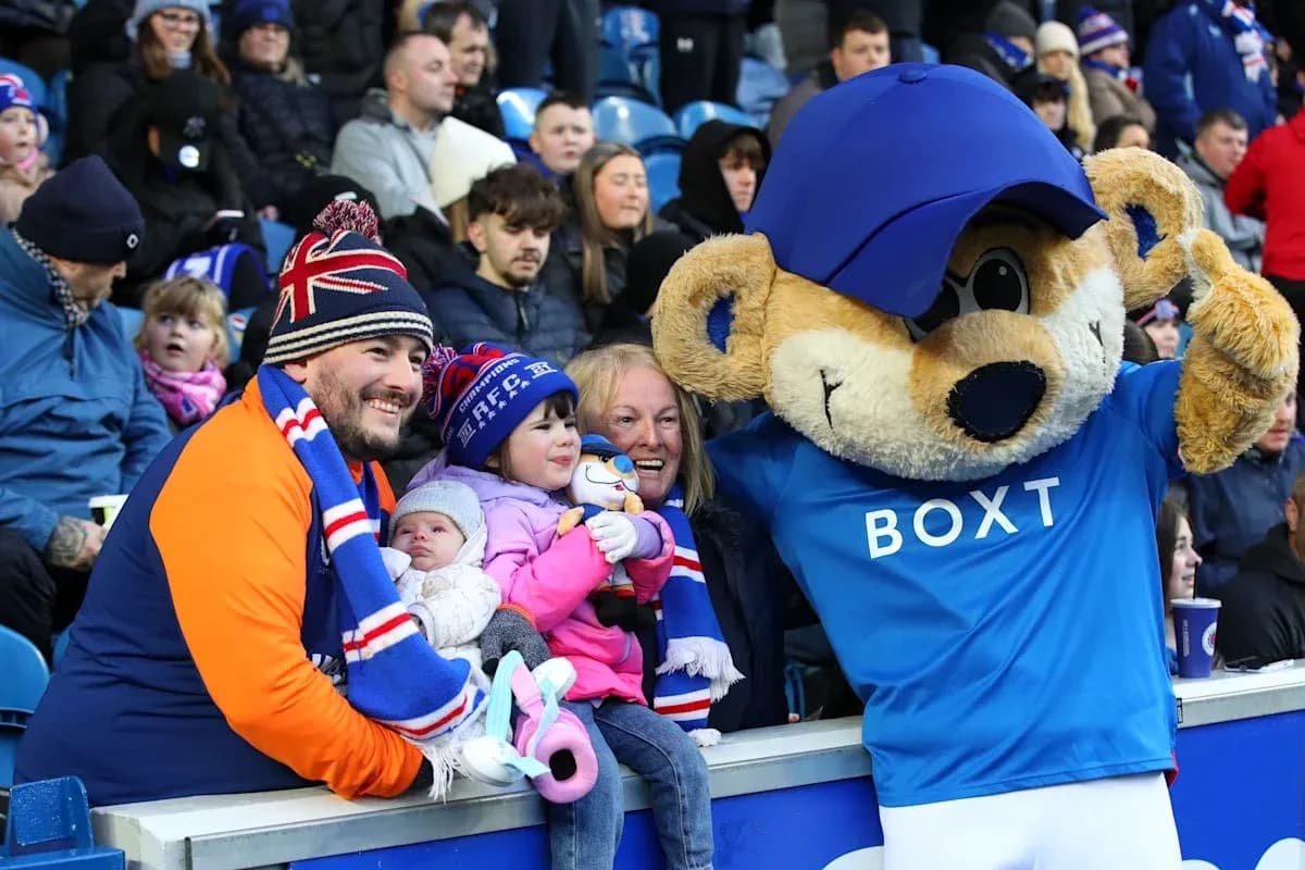 Family posing with mascot at sporting event