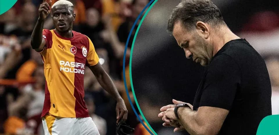 Galatasaray player gesturing during match, coach observing
