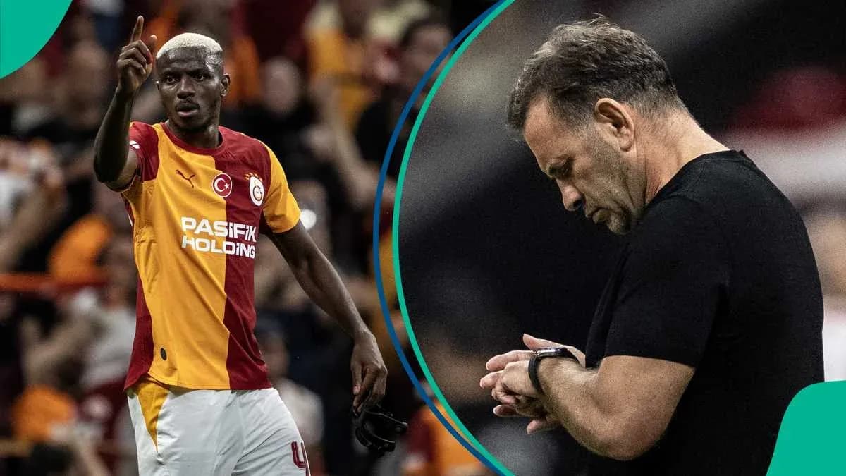 Galatasaray player gesturing during match, coach observing