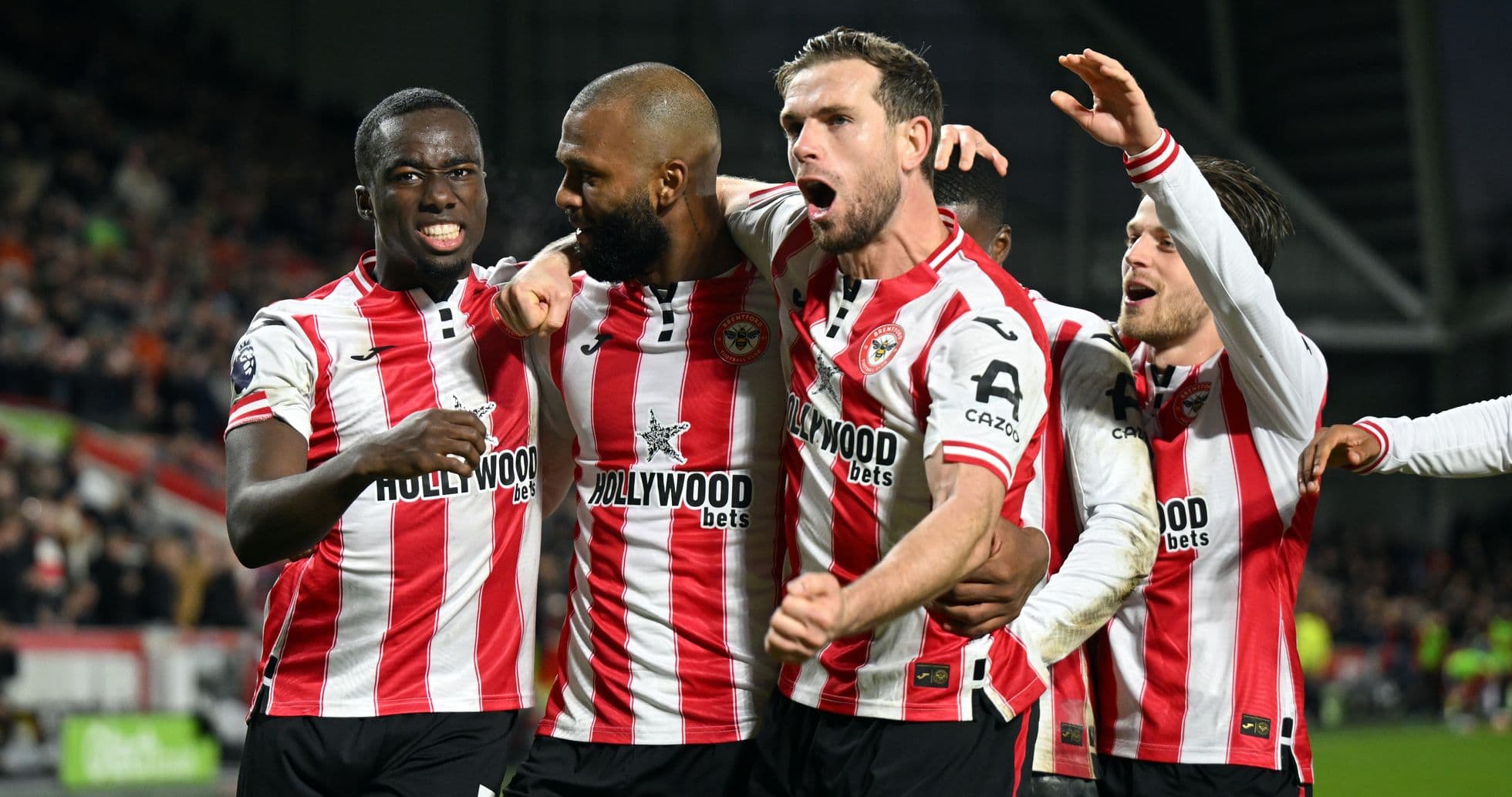 Brentford players celebrating a goal during match
