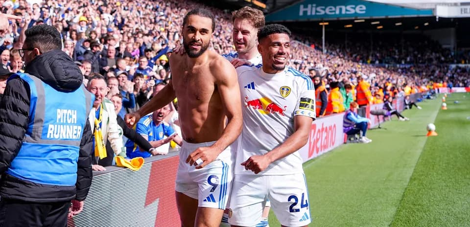 Leeds players celebrating after scoring a goal