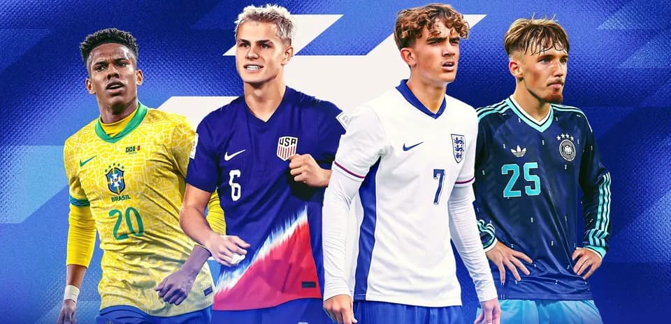 Four young soccer players from different national teams