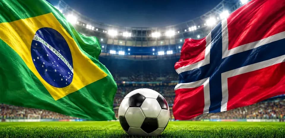 Brazil and Norway flags with football on pitch