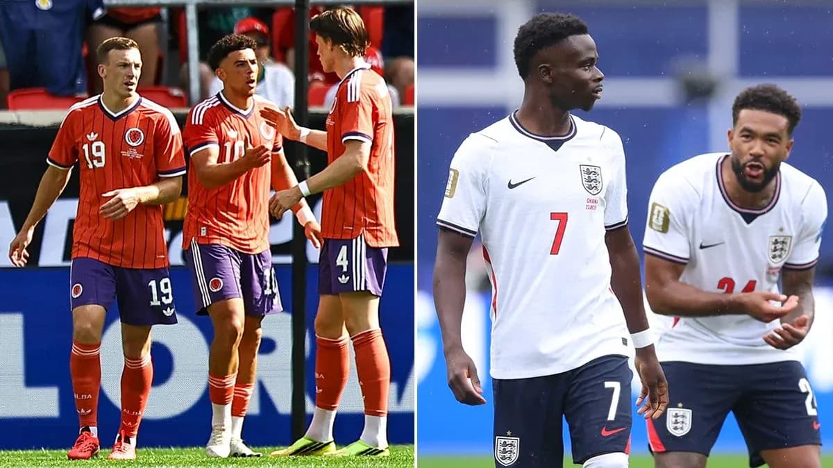 Colombian and English players interacting during match