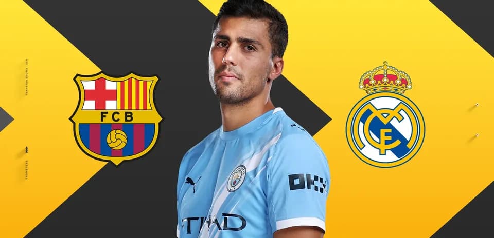Player wearing Manchester City jersey with logos of Barcelona and Real Madrid