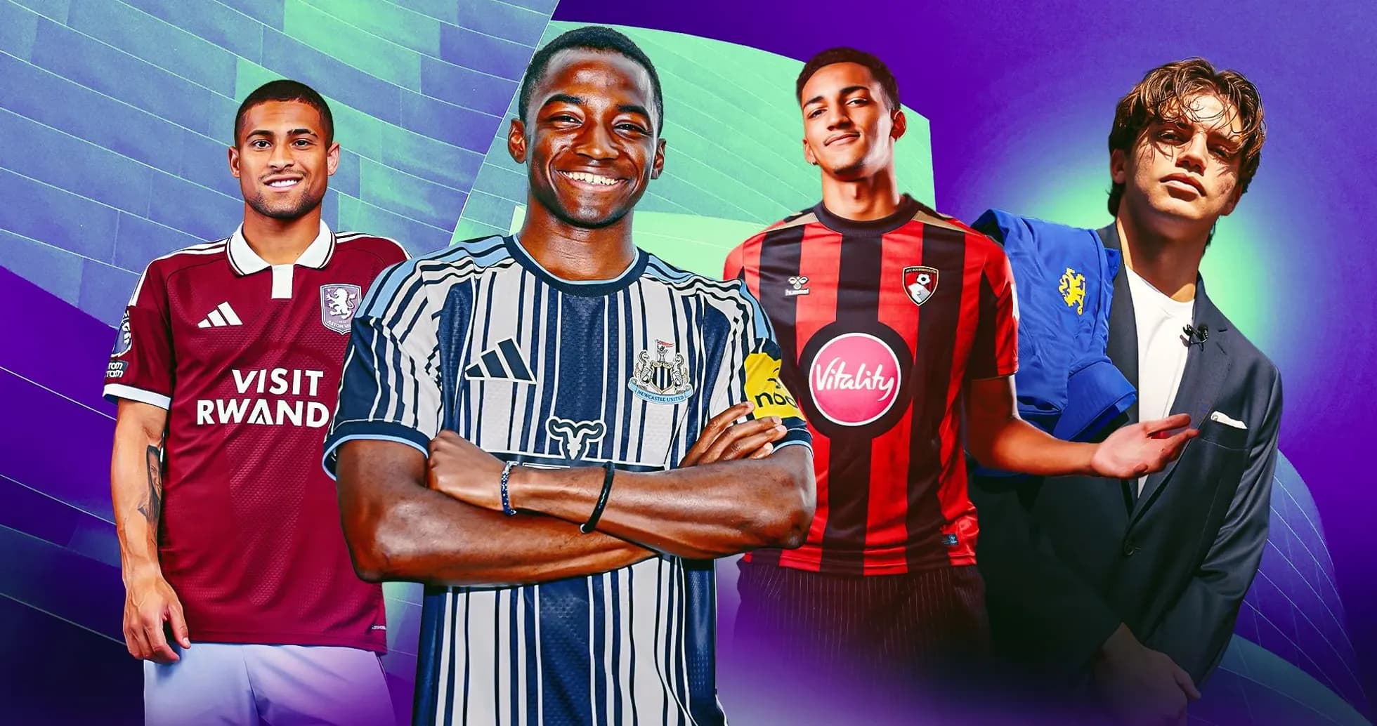 Four football players in team kits posing together