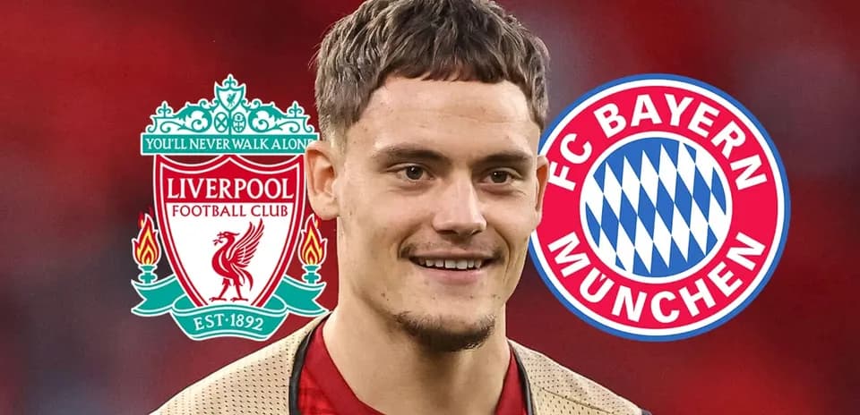 Player with Liverpool and Bayern Munich logos background
