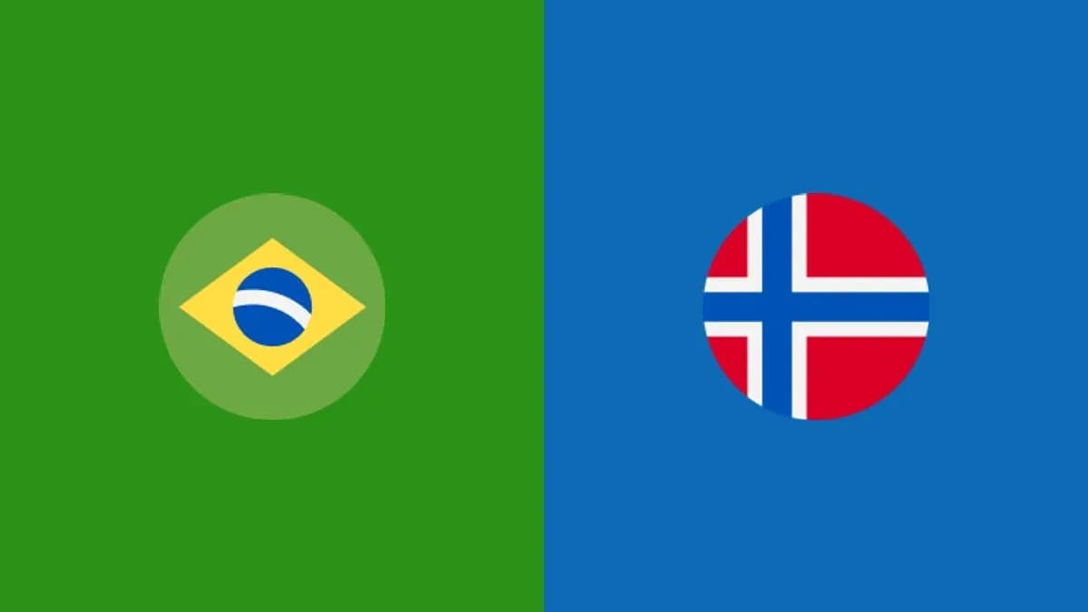 Flags of Brazil and Norway on colored backgrounds