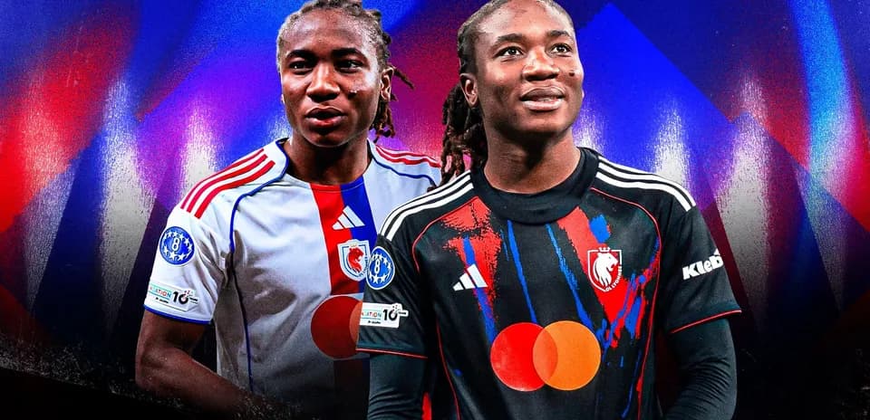 Two players in football kits with graphic background