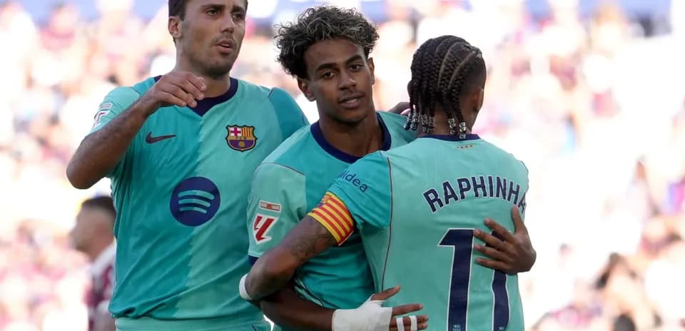 Barcelona players celebrating a goal in La Liga