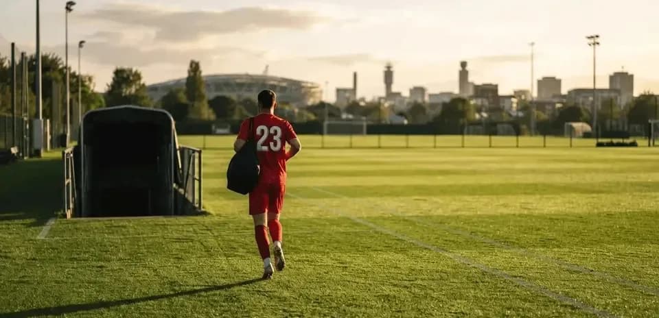 Player in red jersey walking on training pitch