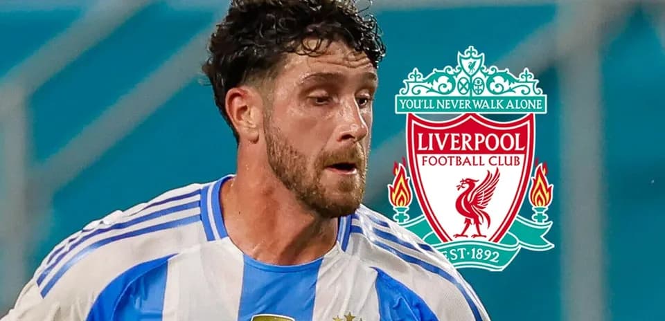 Player in Argentina jersey with Liverpool logo in background