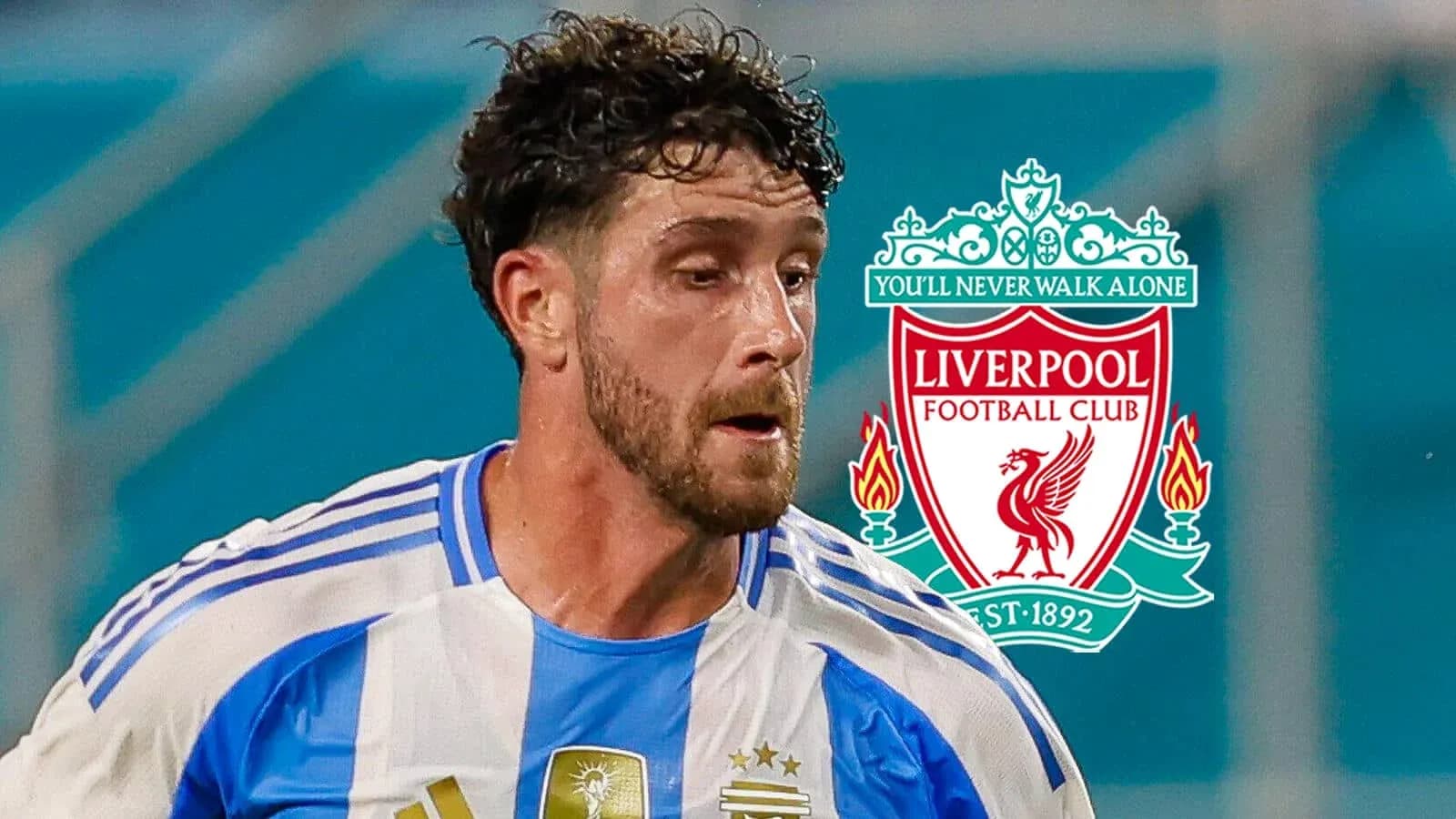 Player in Argentina jersey with Liverpool logo in background