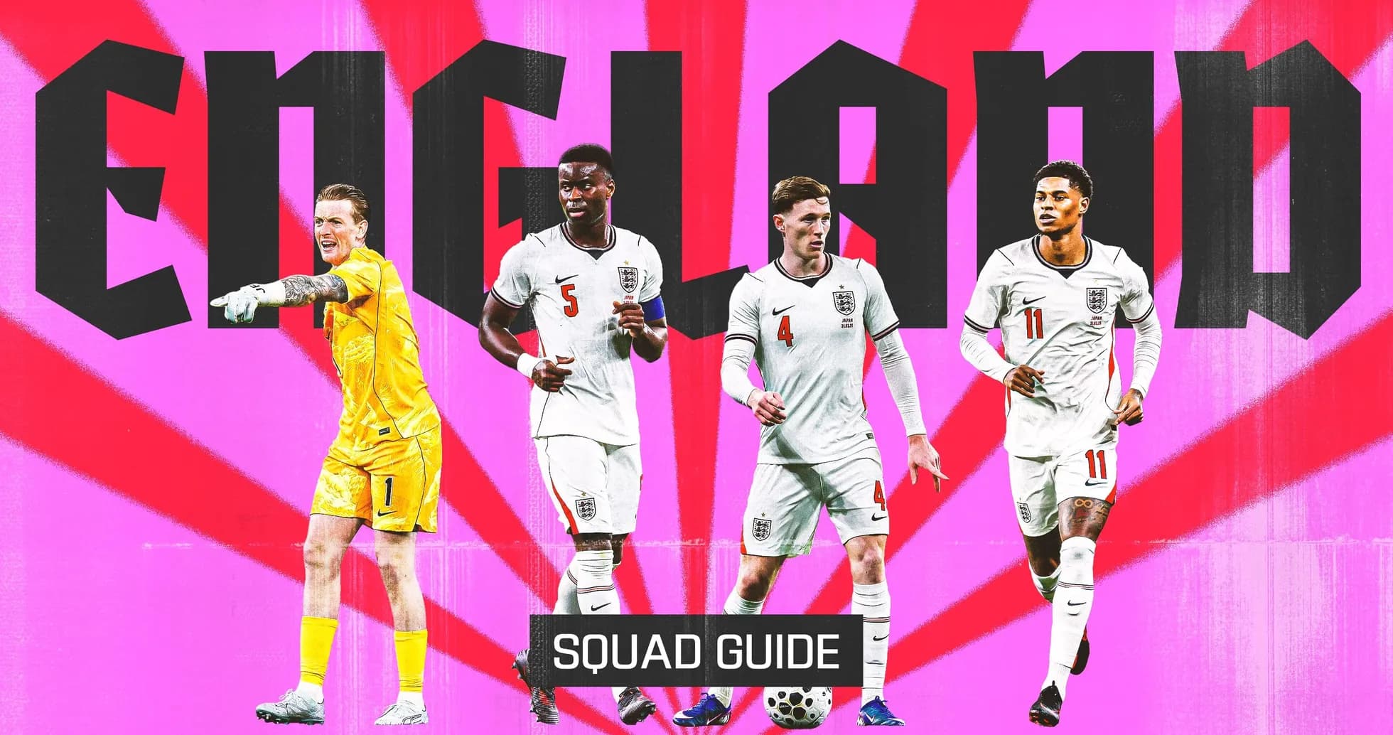 England squad members in action with bold background