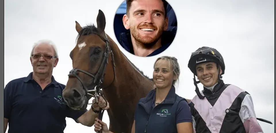 Three people with a horse at a racing event