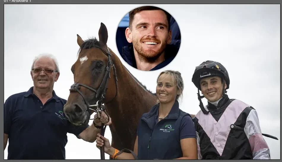 Three people with a horse at a racing event
