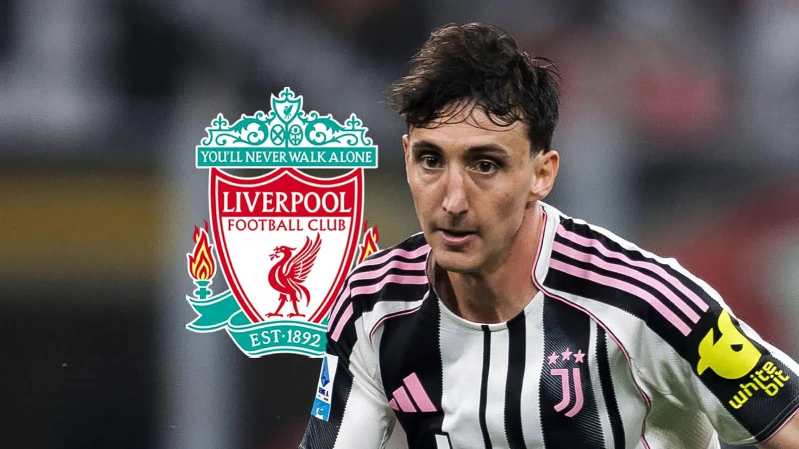 Player in Juventus jersey with Liverpool logo background