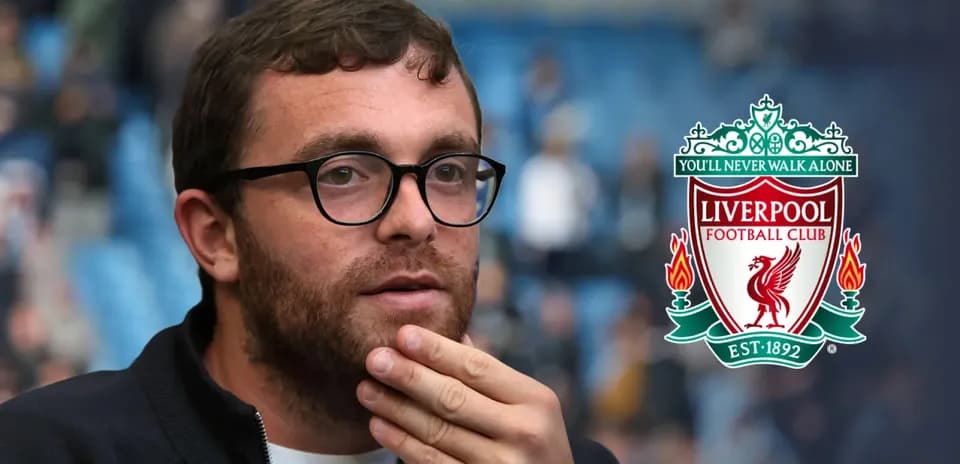 Person in glasses with Liverpool FC logo background