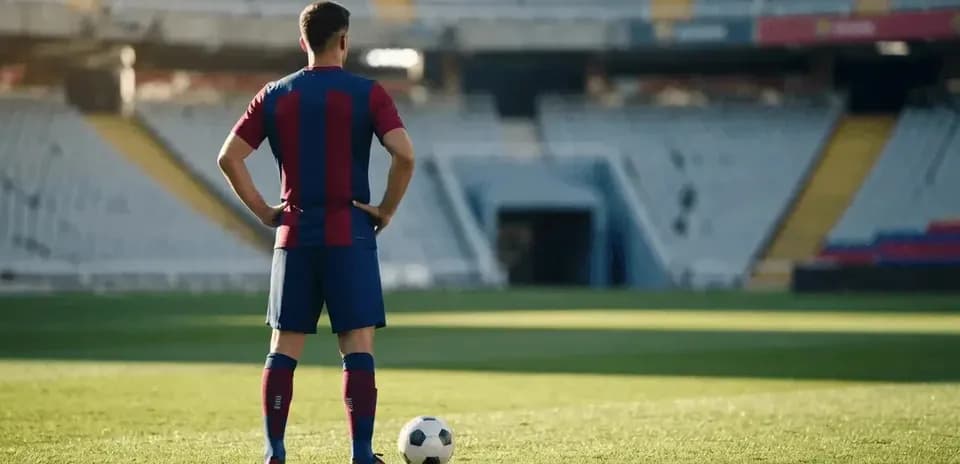 Player in Barcelona kit standing over soccer ball