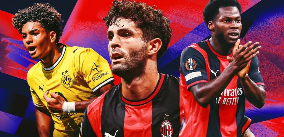 Three football players in team jerseys on colorful background