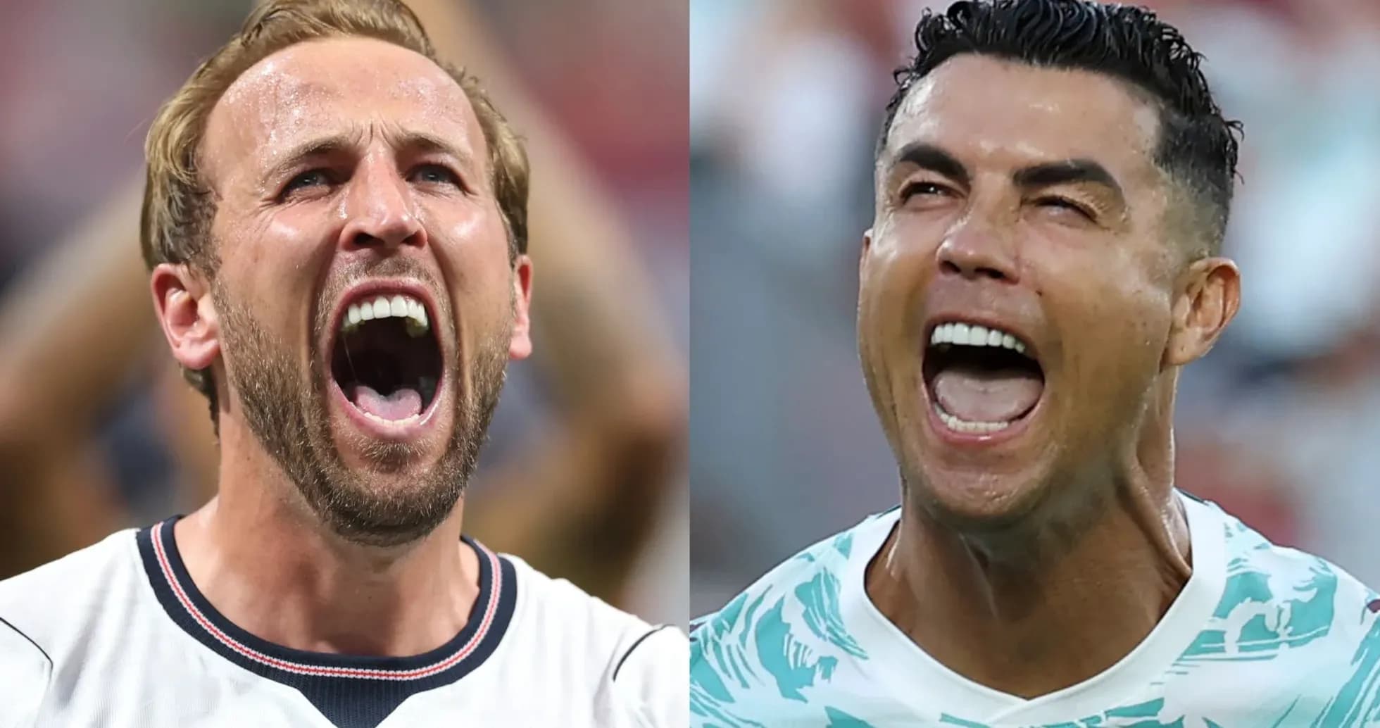 Two football players celebrating with open mouths