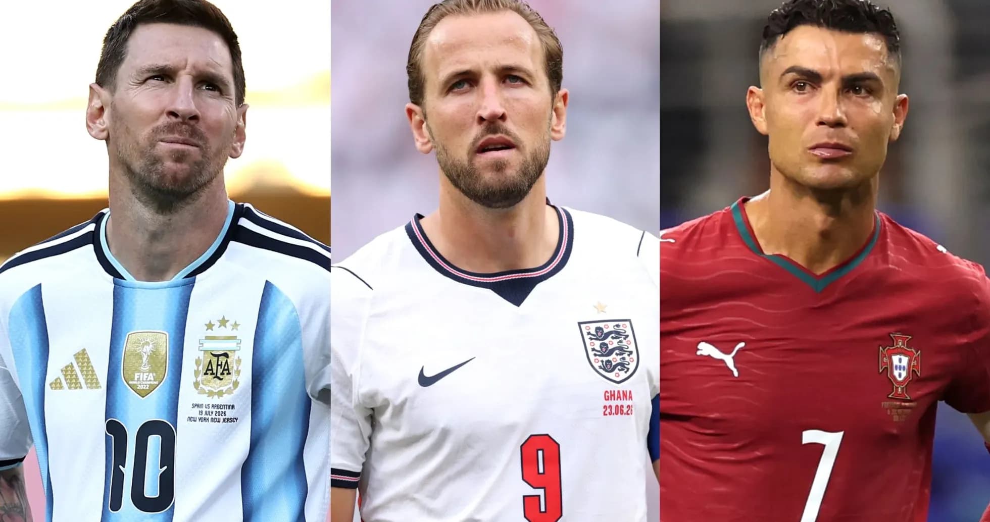 Three football players in national team jerseys