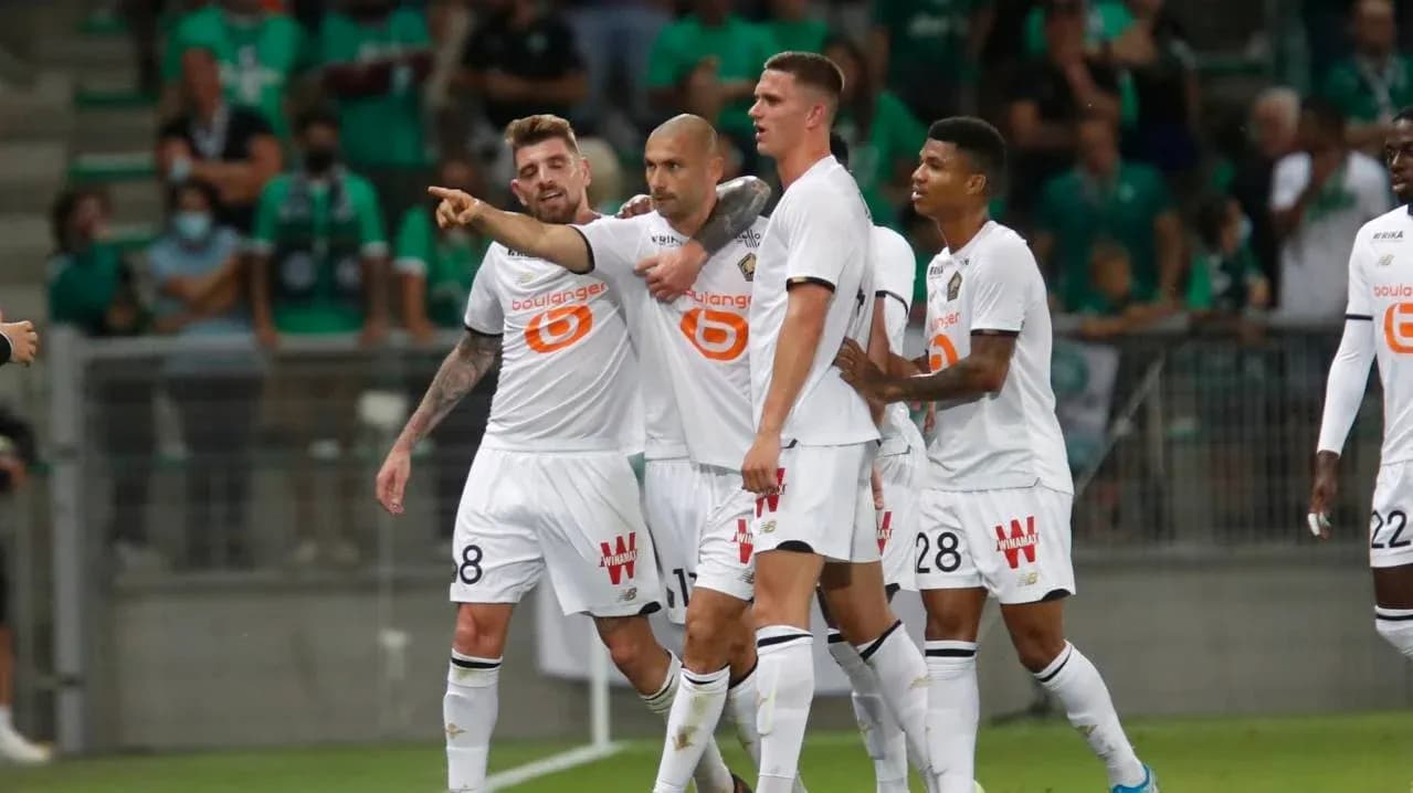 Lille players celebrating a goal during match