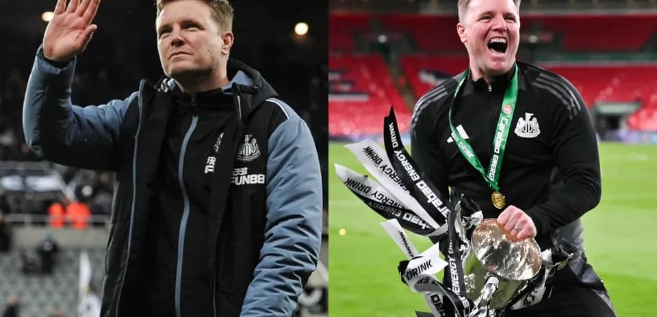 Newcastle manager celebrating with trophy and medals