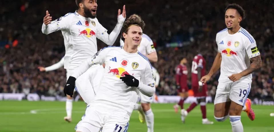 Leeds players celebrating goal against West Ham