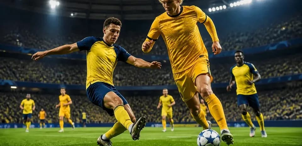 Players contesting for the ball in UEFA match