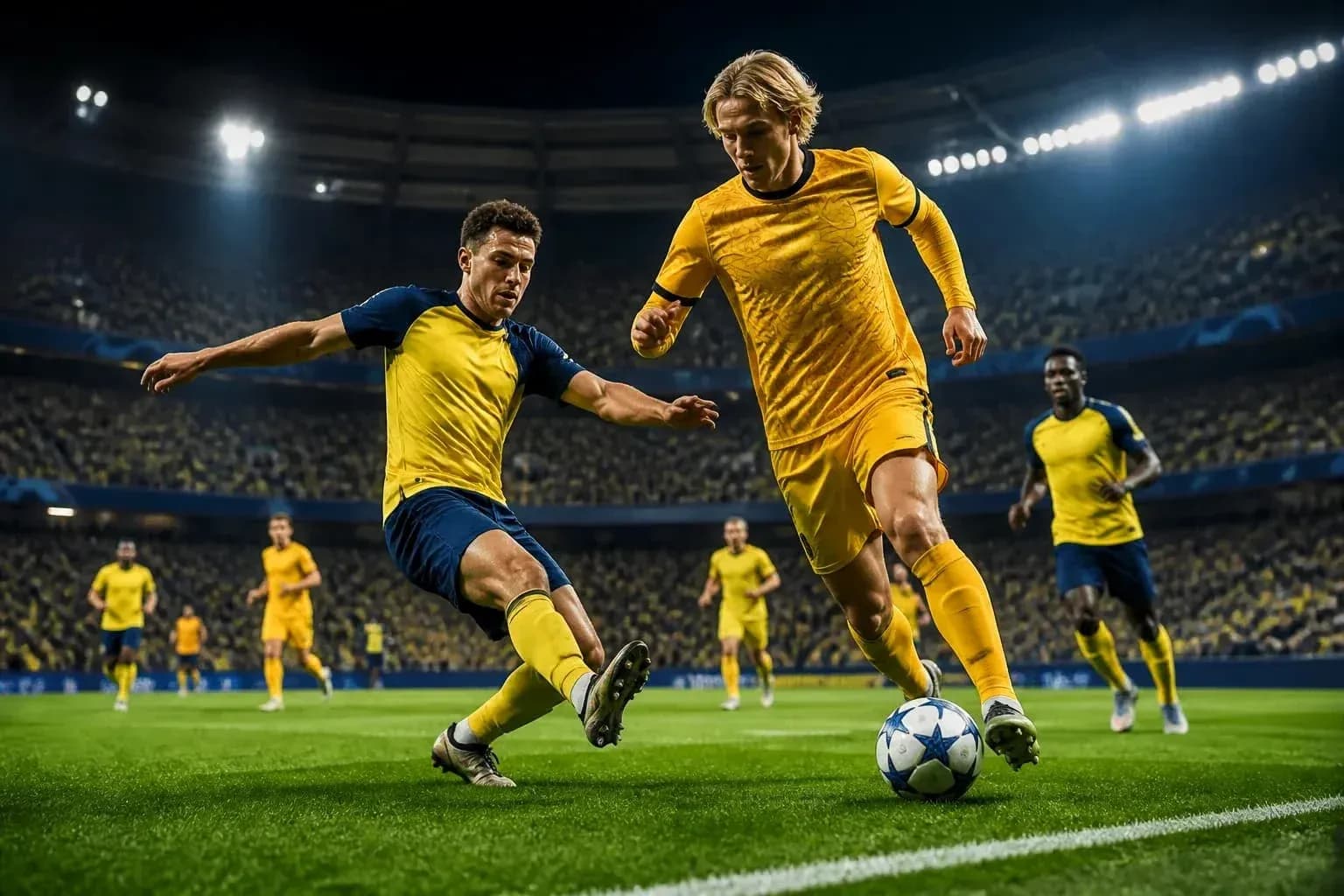 Players contesting for the ball in UEFA match