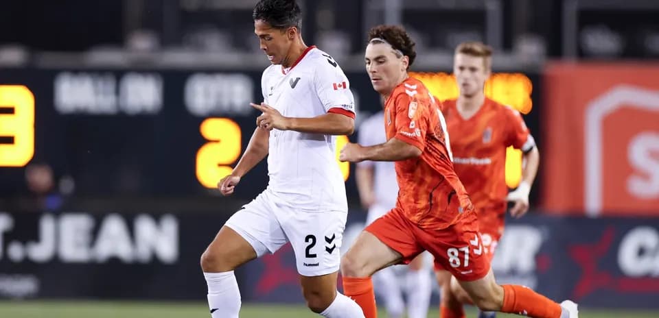 Vancouver FC player dribbling against Forge FC