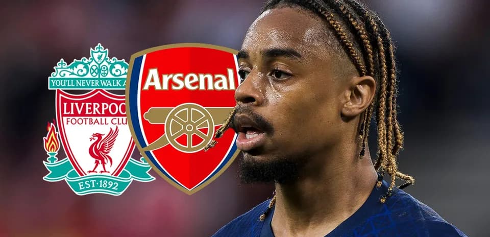Player with Liverpool and Arsenal logos in background