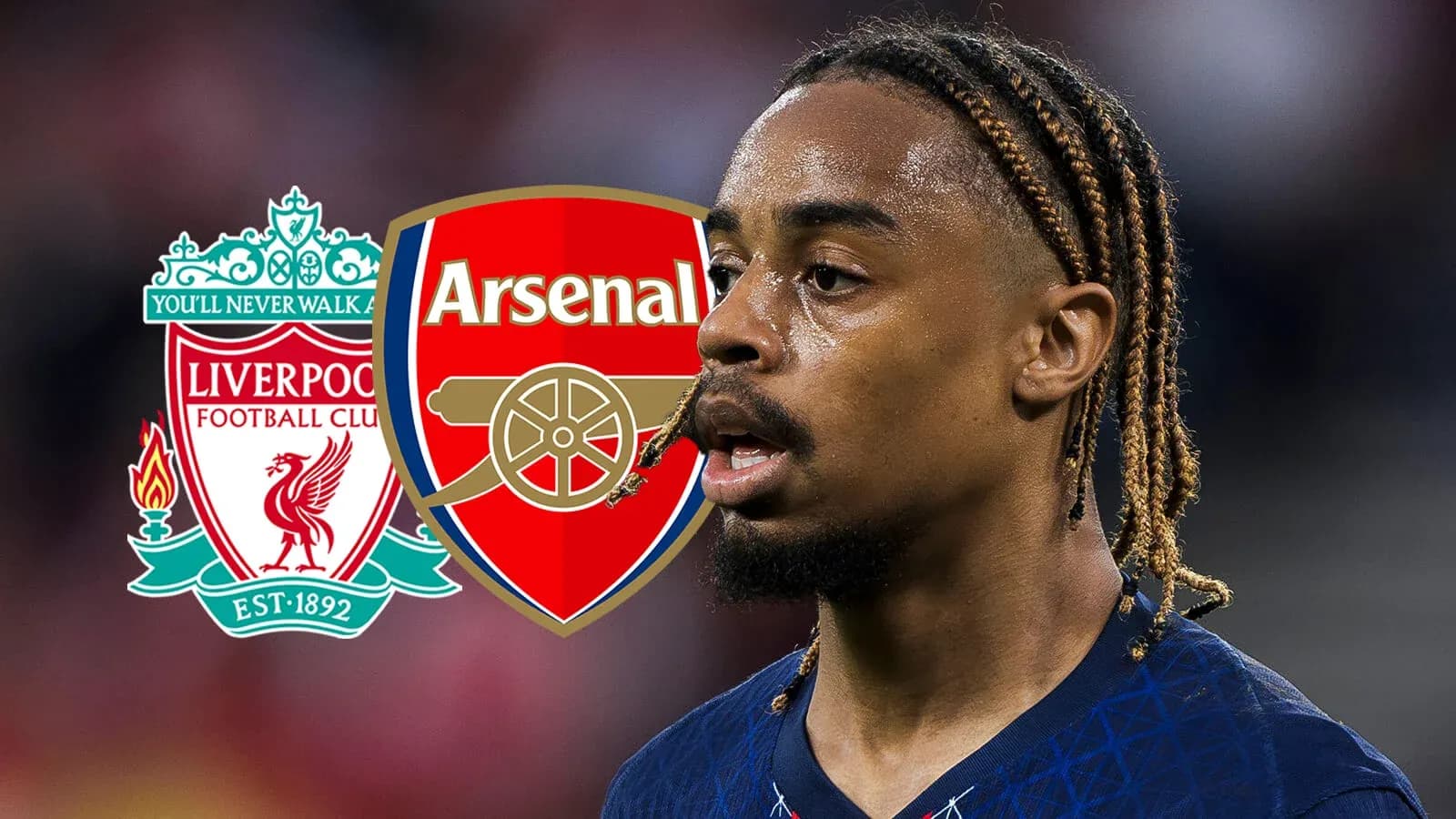 Player with Liverpool and Arsenal logos in background