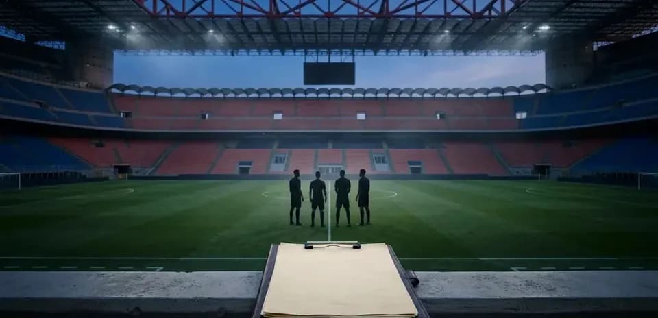 Referees discussing before match in empty stadium