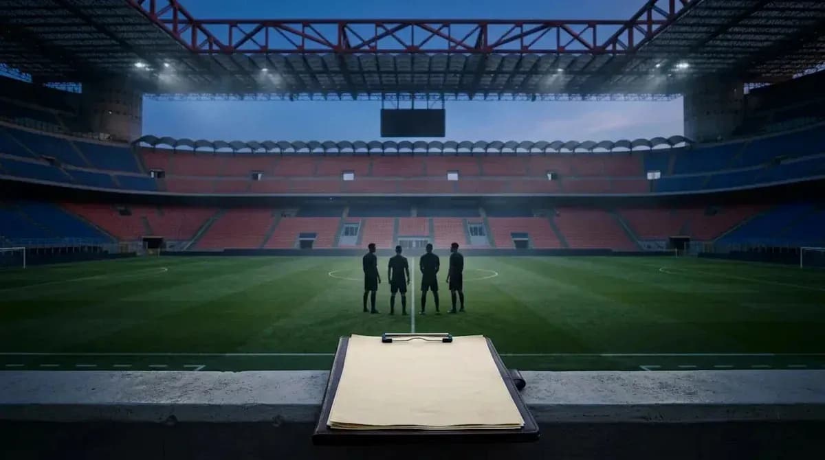 Referees discussing before match in empty stadium