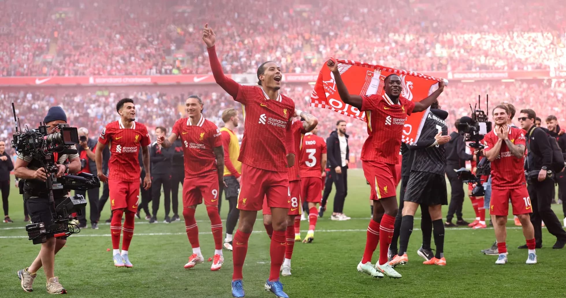Liverpool players celebrating at Anfield
