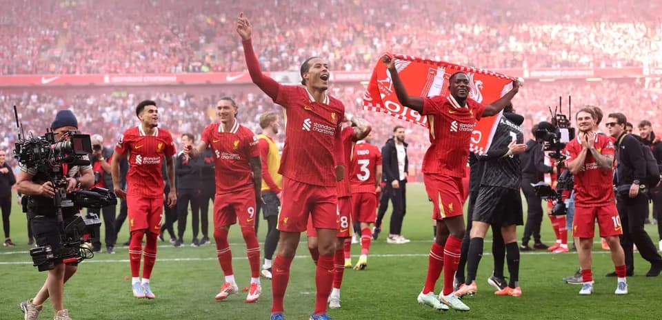 Liverpool players celebrating at Anfield