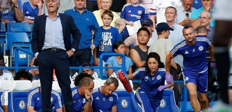 Jose Mourinho coaching with Chelsea staff during match