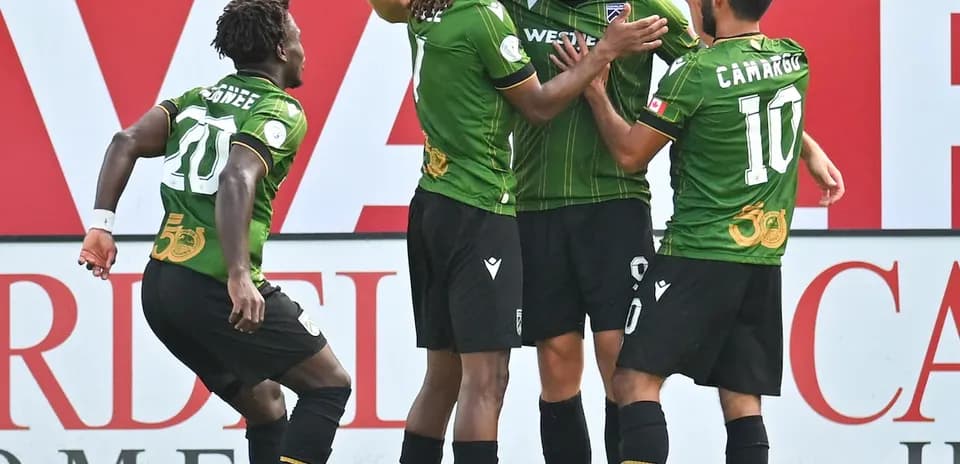 Players celebrating a goal during Forge vs Cavalry FC
