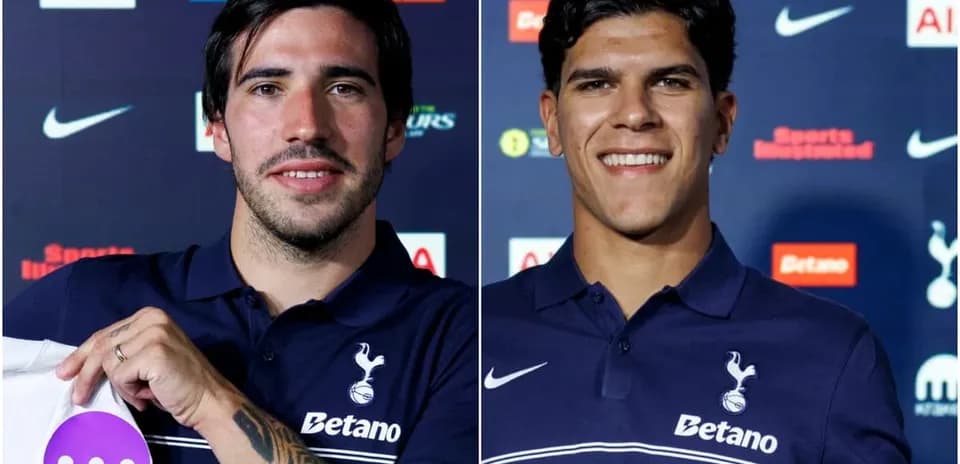 Two players holding shirts at Tottenham press conference