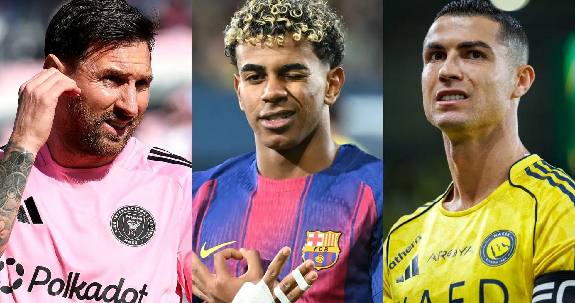 Three football players in team jerseys posing together